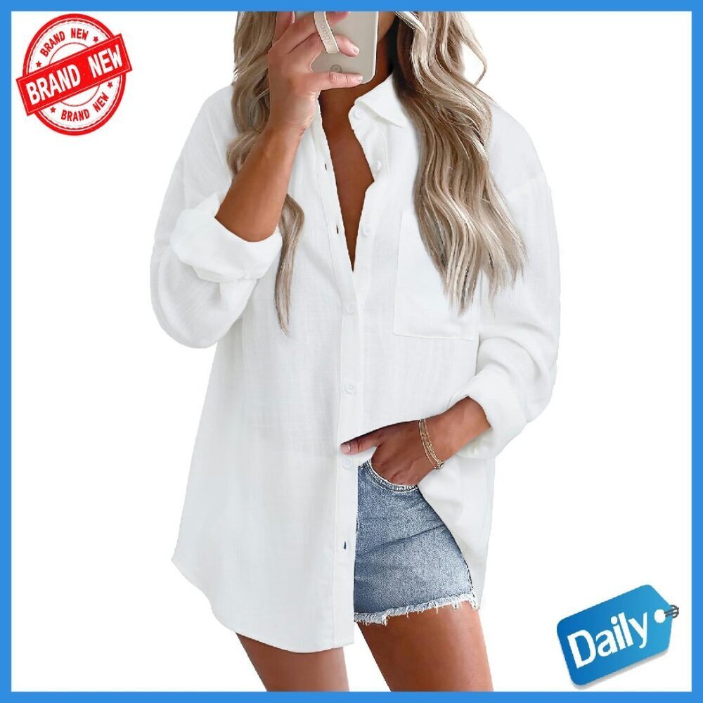 Loose Fit Cotton Linen Button Down Shirt Long Sleeve V Neck Blouse
